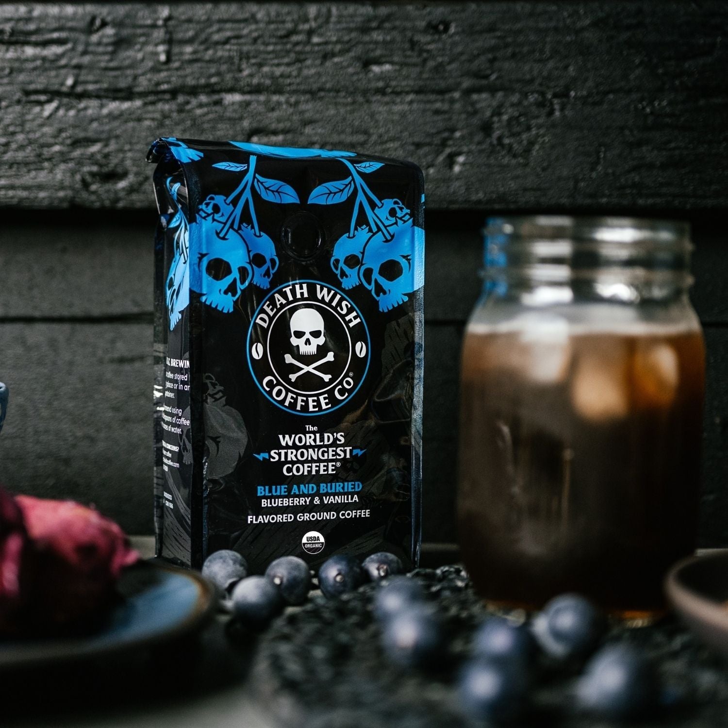 Death Wish Coffee Blue Buried Flavored Ground Coffee Lifestyle Image