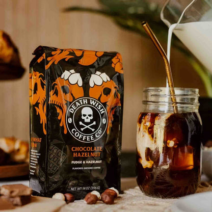 Death Wish Coffee Chocolate Hazelnut Flavored Ground Coffee Lifestyle Image