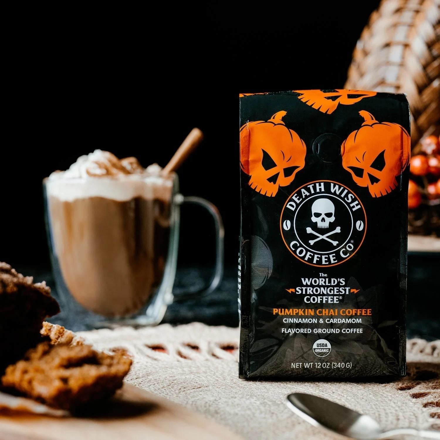 Death Wish Coffee Pumpkin Chai Flavored Ground Coffee Lifestyle Image