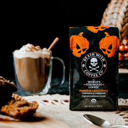 Death Wish Coffee Pumpkin Chai Flavored Ground Coffee Lifestyle Image